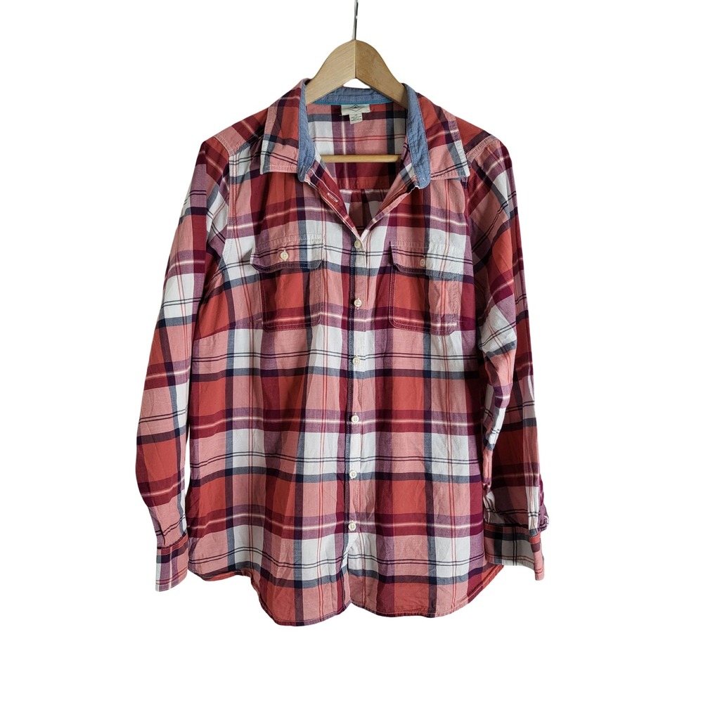 St Johns Bay 1X Plaid Button Down Shirt Red Pink Cotton Long Sleeve Campcore